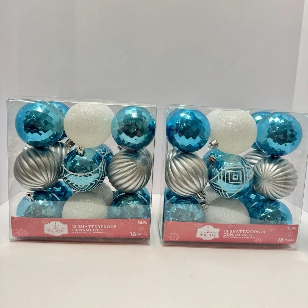 Holiday Time 36‎ Shatterproof Christmas Ornaments Blue Silver White NEW